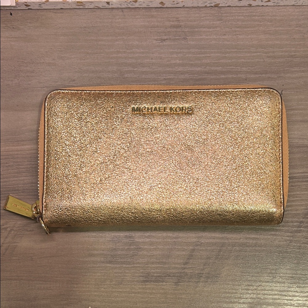 Michael Kors Shimmering Gold Wallet or wristlet, missing strap. EUC